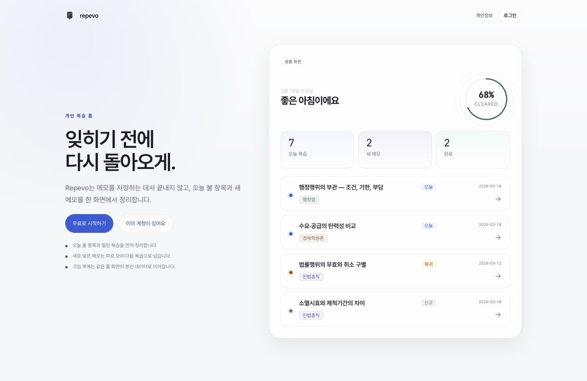 오늘의 복습과 새 메모를 한 화면에 보여주는 Repevo 공개 베타 홈페이지